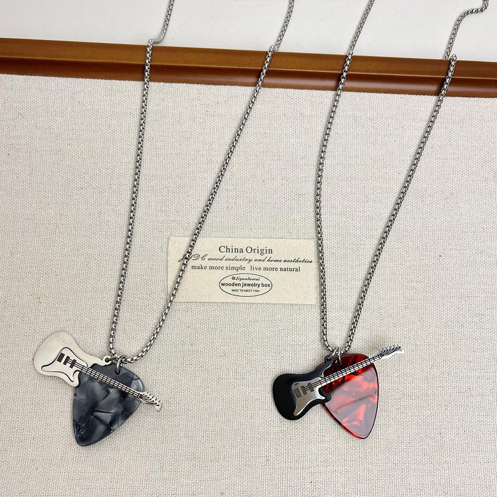 Punk Guitar Pick Pendant Necklace Titanium Steel Electric Guitar Sweater Chain  Boys