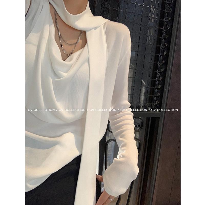 GV Big White Brother Casual Loose Knit Top with Hanging Neck Ribbon Collar One Size белый