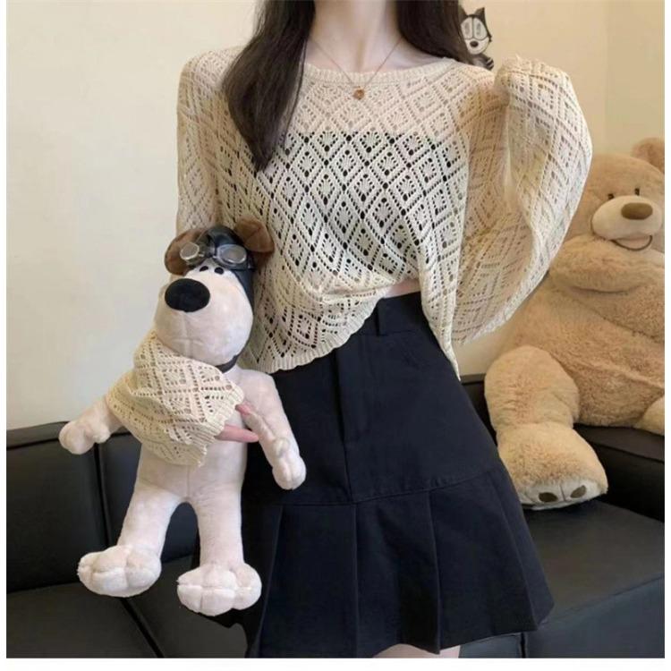 Damen Strick-Sonnenschutzshirt mit Aushöhlungen, locker, kurz, Pullover-Überwurf, Eisseidenhemd, Frühlingsoberteil