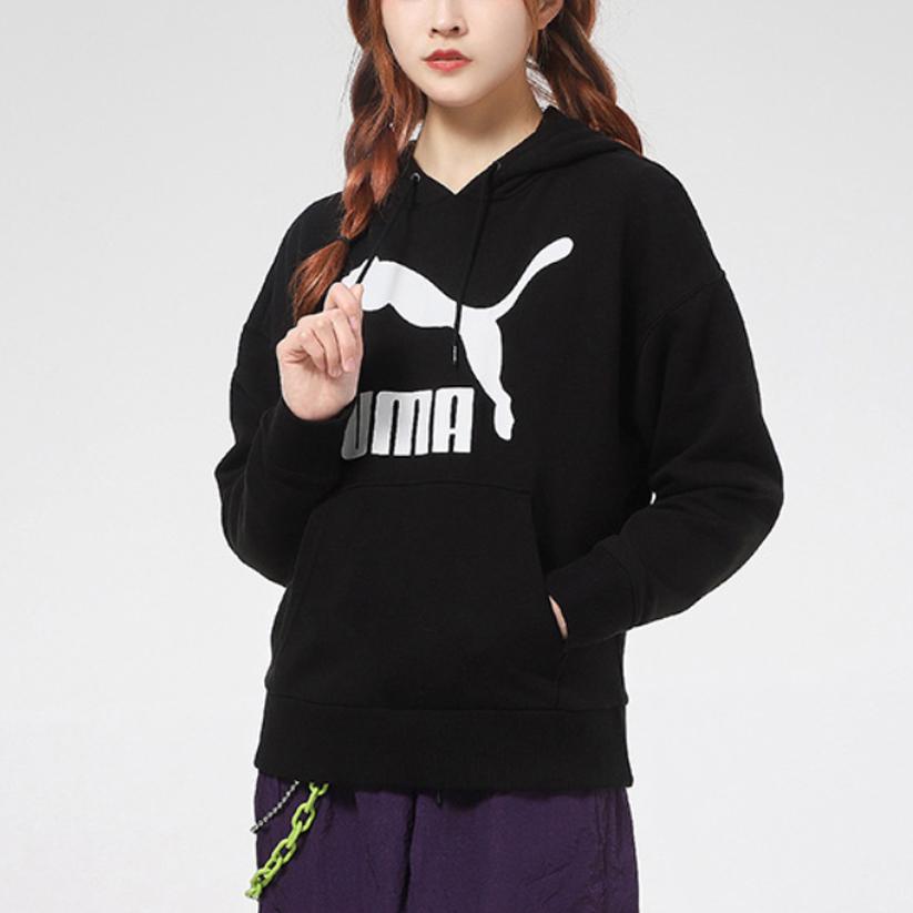 Puma Sporty Casual Printed Large Logo Hoodie Women Tops Black 531383-01