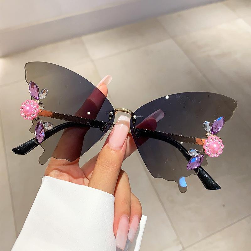 

Дизайнерские солнцезащитные очки без оправы с бриллиантами в виде цветка и бабочки для женщин, модные, винтажные, для вечеринок, путешествий, в стиле панк