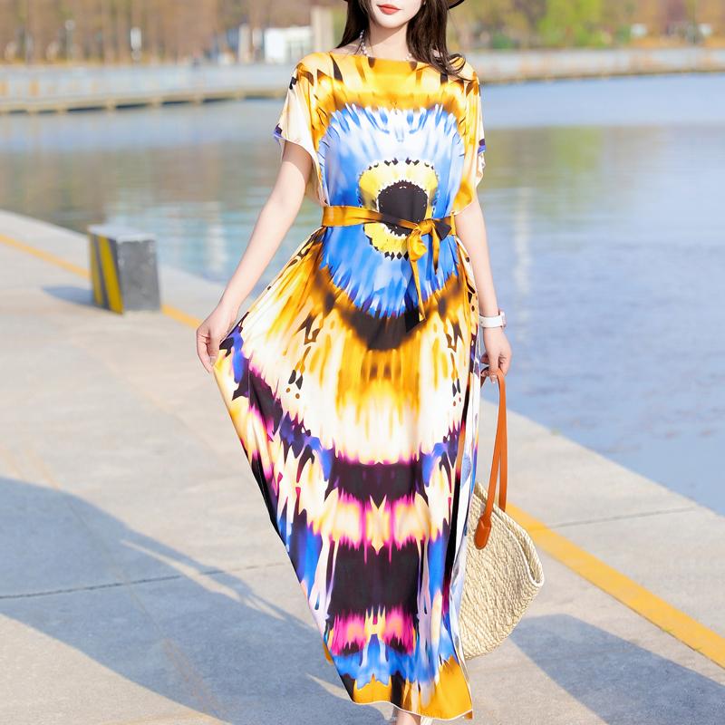 Elegant Summer Casual Dress for Women Vintage Clothes Short Sleeve Loose Long Dress