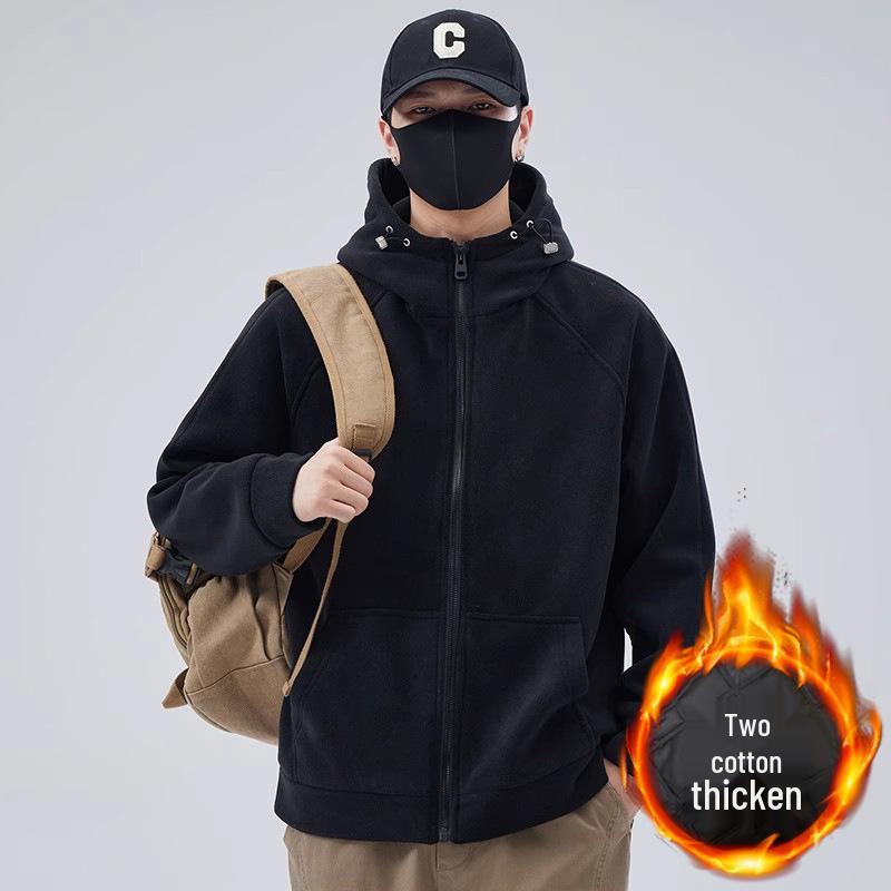 Men's Fleece Hooded Cardigan Sweatshirt: Solid Color, Padded & Thickened for Spring, Autumn & Winter 2025.
