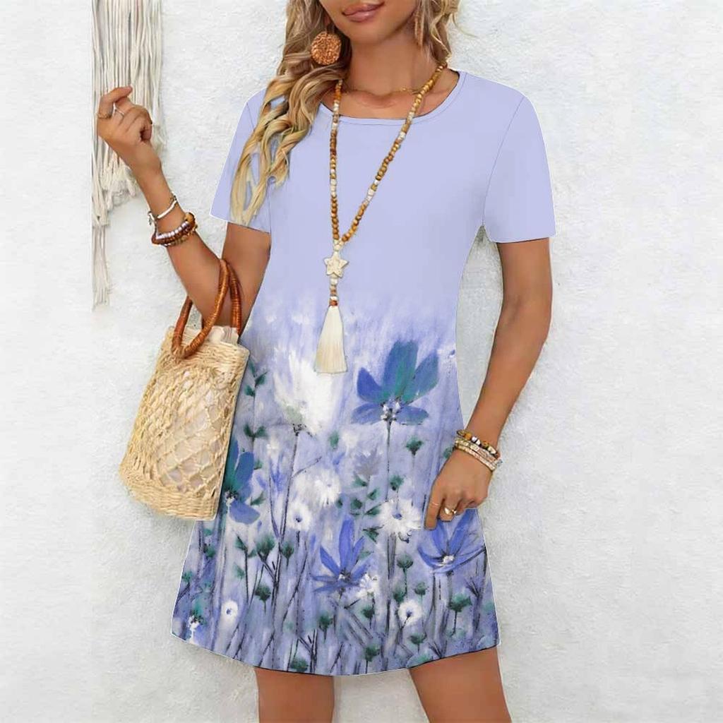 Damenmode Anmutig Schön Eine Knospe Kurz Vor Dem Aufblühen Sommer Frühling Kurzarm O-Ausschnitt Freizeitkleider