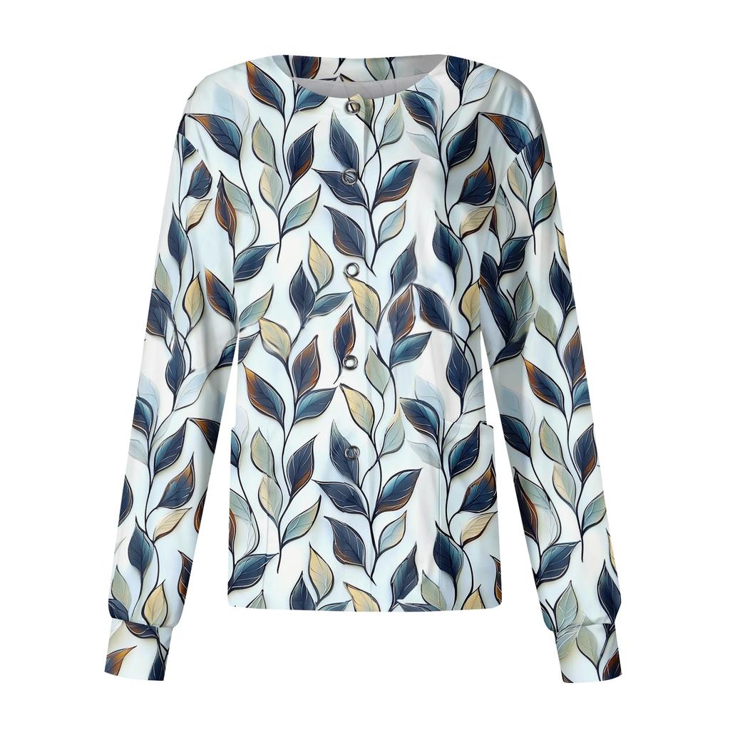 Women Long Sleeve Casual Cardigan Floral Print Button Front Lightweight Open Front Workwear Top