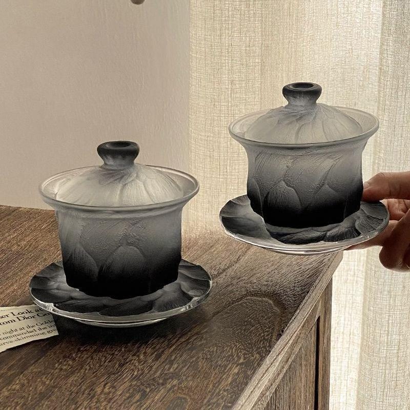 Retro Gradual Change Black Black Black Ice Glass Cover Bowl Home Niche High-end Sense Tea Cup Set Not Hot Kung Fu Tea Cup