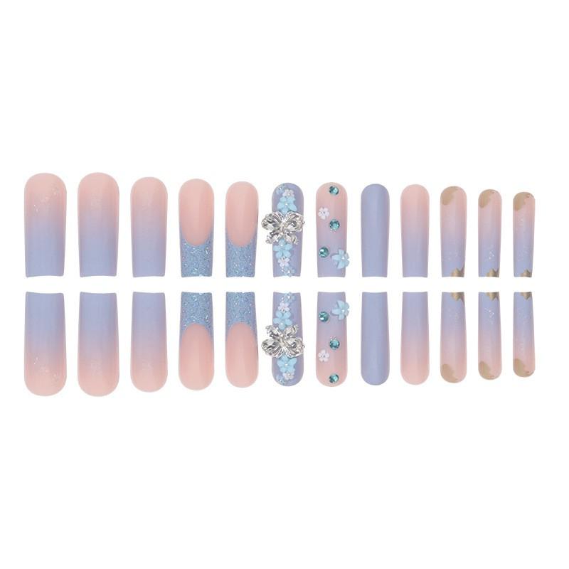 Long Blue Press-On Nails With Floral Bow Design Sparkly Glitter Sweet Cool Style Women