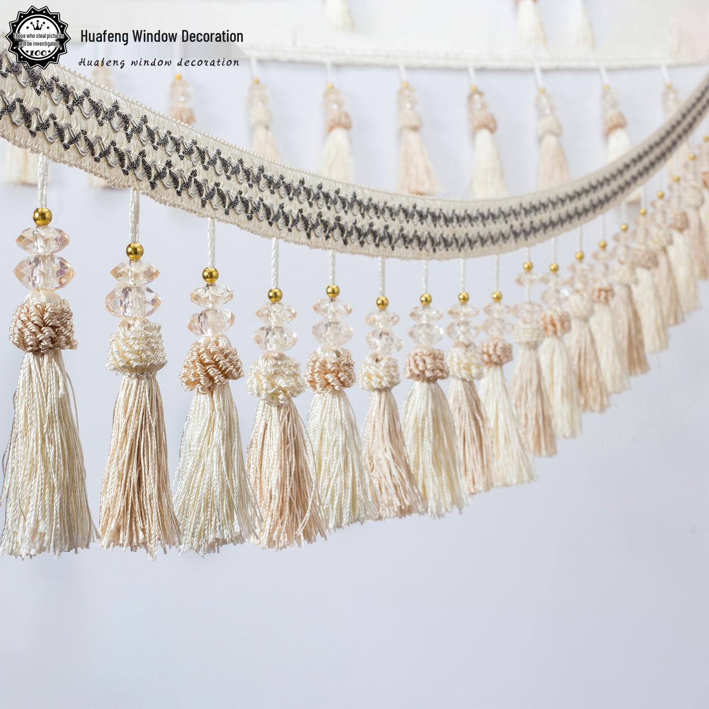 

Двухцветное кружево с кисточками в виде клубничных шариков и хрустальными бусинами - 12 метров