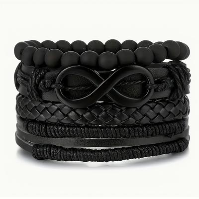 Handgefertigtes Infinity Loop Anhänger Herrenarmband Handarbeit Gewebtes Seil Punk Hip Hop 4-teiliges Armband Kunstleder
