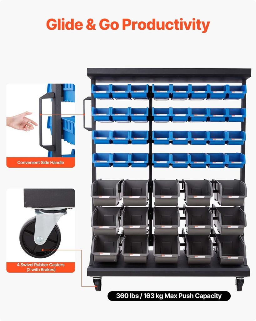7-Tier Double-Sided Rolling Bin Storage Rack, 94 Plastic Bins, Dual-Sided Parts Organizer with Wheels, Mobile Tool Organizer for Garage, Warehouse,