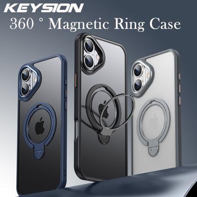 KEYSION Transparent Matte Case for MagSafe for iPhone 16 16 Plus 360 ° Rotating Magnetic Ring Stand Shockproof Phone Back Cover