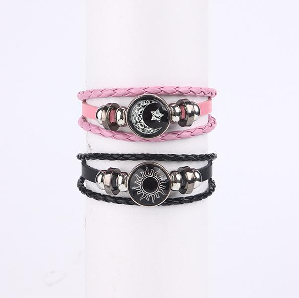 Unisex Handmade Sun & Moon Gemstone Leather Bracelet