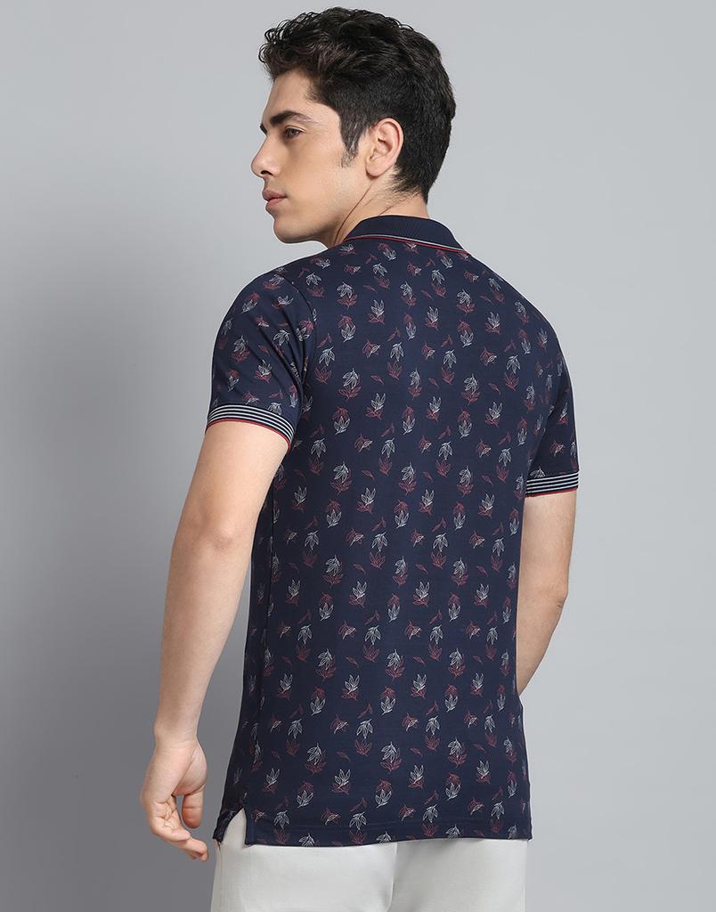 Monte Carlo Mens Printed Navy Blue Collar Neck Half Sleeve T-Shirt