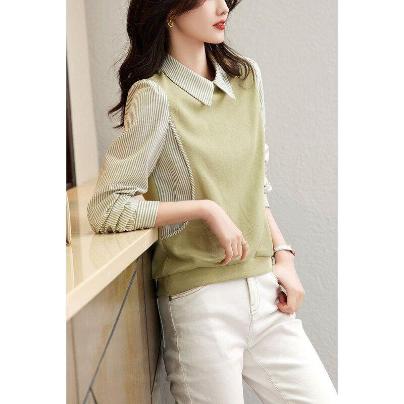 Modna bluza z naszywanym efektem dwuczęściowym w wiosenno-jesiennym nowym stylu, damska, z temperamentem, casualowa, prosta góra