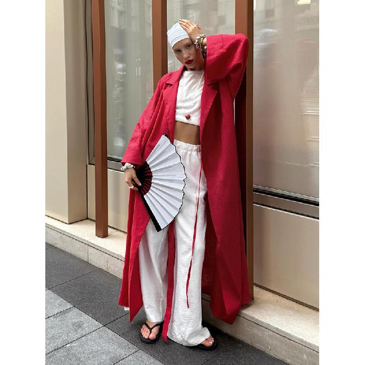 Sommer Neues Damen Stilvolles Rotes Leinen Wickel Maxi Kleid Revers Kimono Ärmel Gürtel Lange Robe Elegantes Schickes Kleid