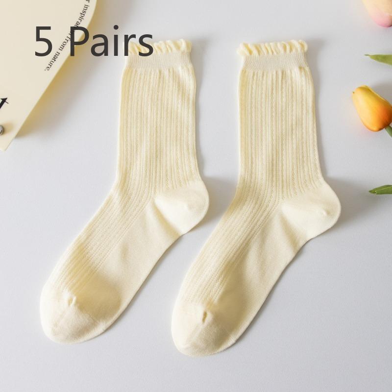 5 Pairs of New Female Spring and Summer Mesh Auricular Rimmed Boneless Pure Cotton Tube Stack Socks