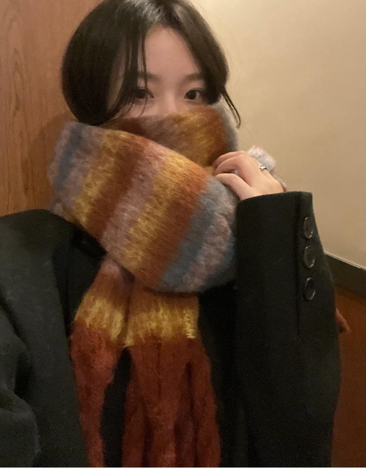 Striped retro thick scarf girls winter new Korean warm scarf versatile shawl cold-proof advanced sense