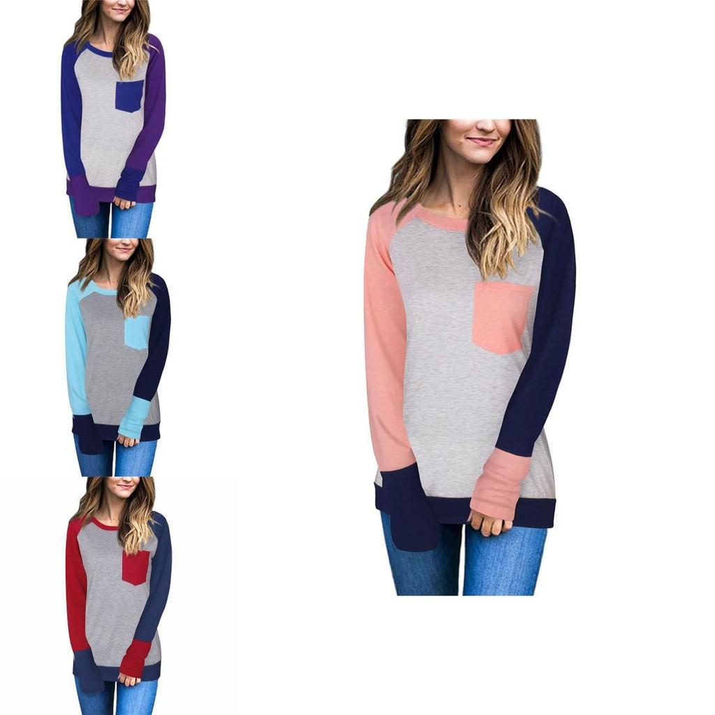 Stylish Casual Womens Long Sleeve Pocket Tshirt With Stitched Color Details