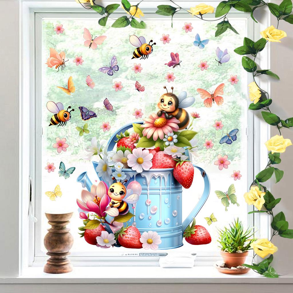 Frühlingsgarten Blumig Statisch Haftend Fensteraufkleber Abnehmbar Wiederverwendbar für Schlafzimmer Wohnzimmer Balkon Glas Heimdeko Kunst