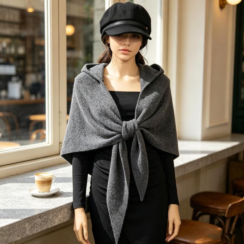 Wool Knitted Large Shawl Scarf Women's Autumn and Winter Warm Triangle Scarf Hooded Integrated Balaclava Hat