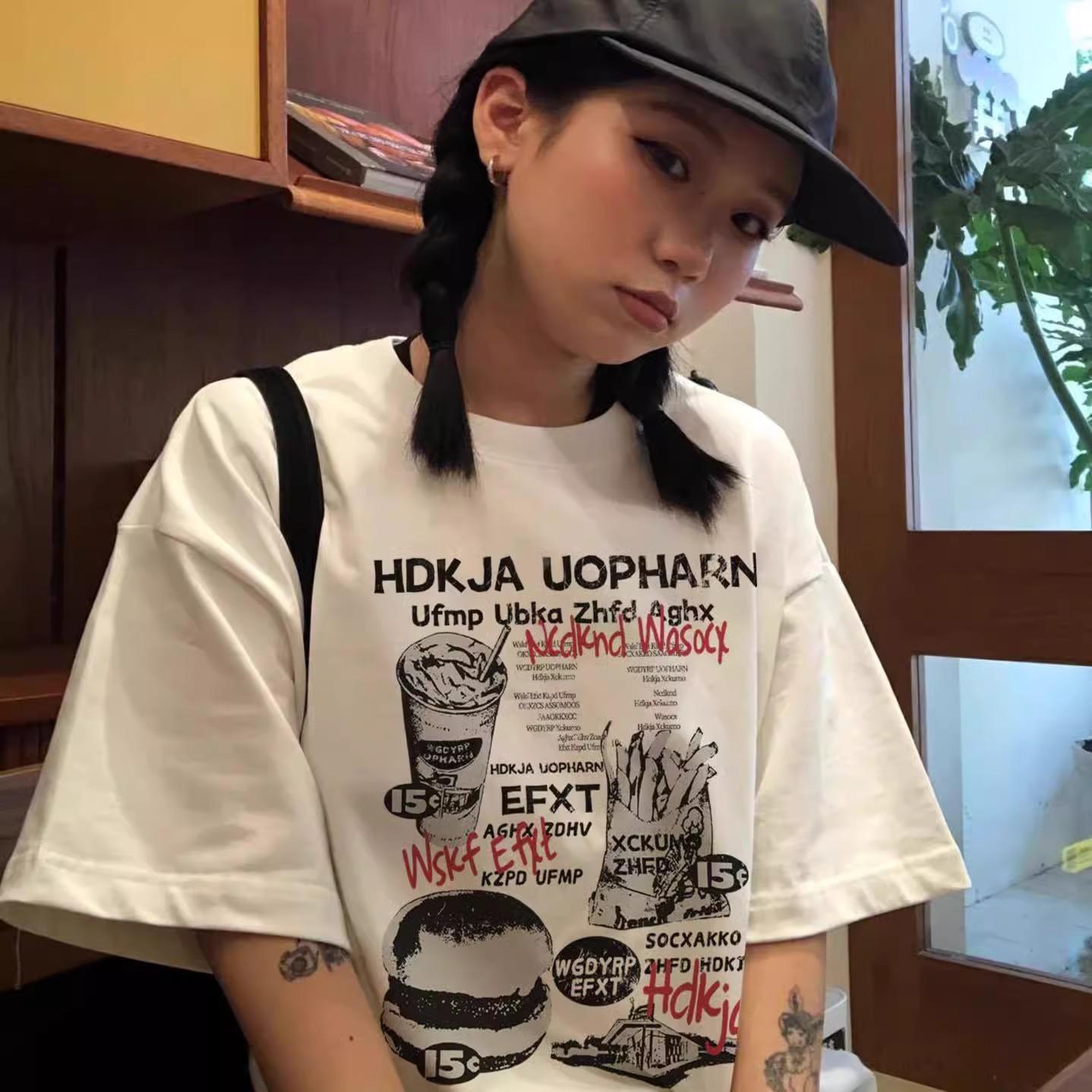 

Large size white cotton short-sleeved t-shirt women s new spring and summer loose oversize American high street half-sleeved top M (recommended 40-52.5kg )