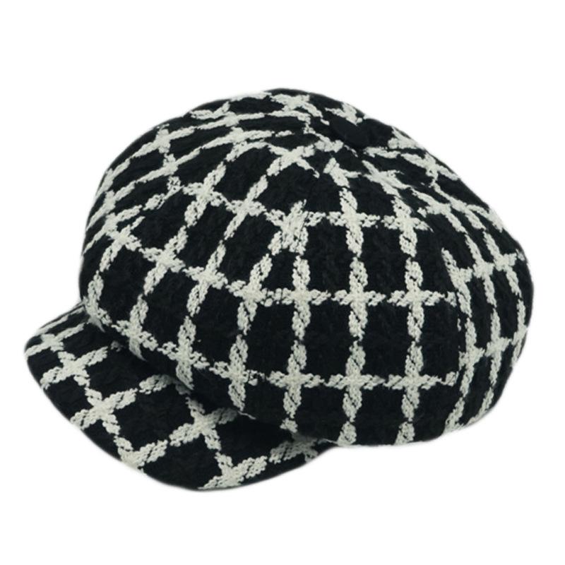 Xiaoxiangfeng Black And White Plaid Tweed Cap Female British Retro Beret Octagonal Hat Newsboy Hat