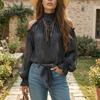 Ethnic Print Shirts Women Fall Cold Shoulder Shirt, Vintage High Casual Ruffle Top Collar Blouse, Lantern Sleeve Breathable Polyester