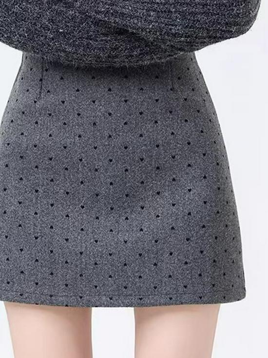 Deep Gray Polka Dot High-Waisted A-Line Wool Skirt - Women's Hip-Hugging Autumn/Winter Style