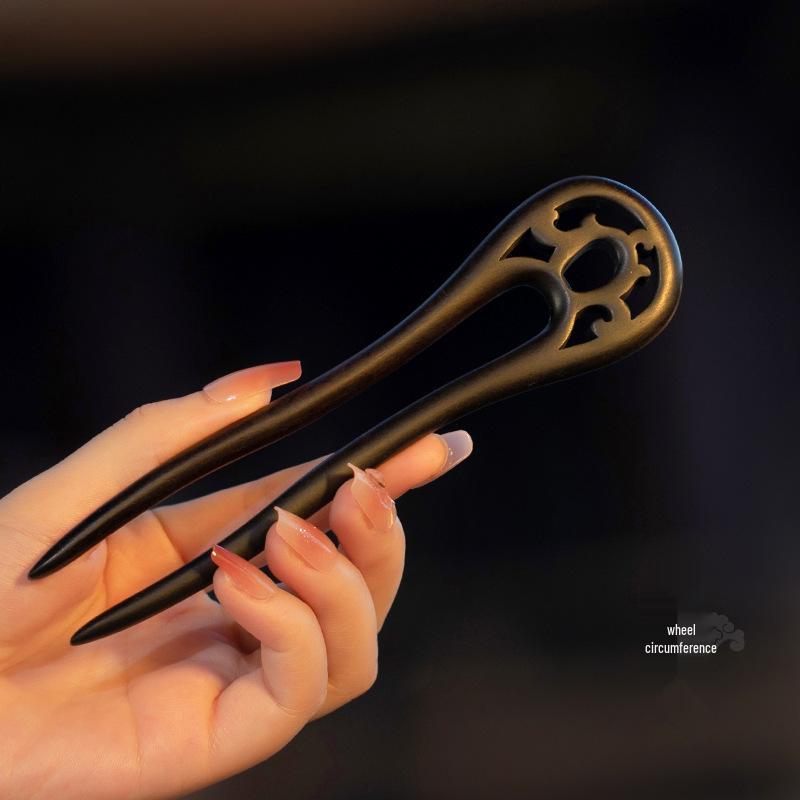 High-End Natural Ebony Wood Hairpin - Extended Chinese Ancient Style Black Hair Bun Accessory