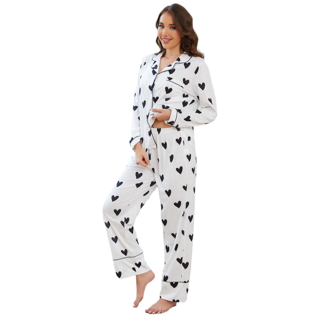 European beautiful women's pajamas autumn and winter love printing long-sleeved shirt trousers two-piece loungewear