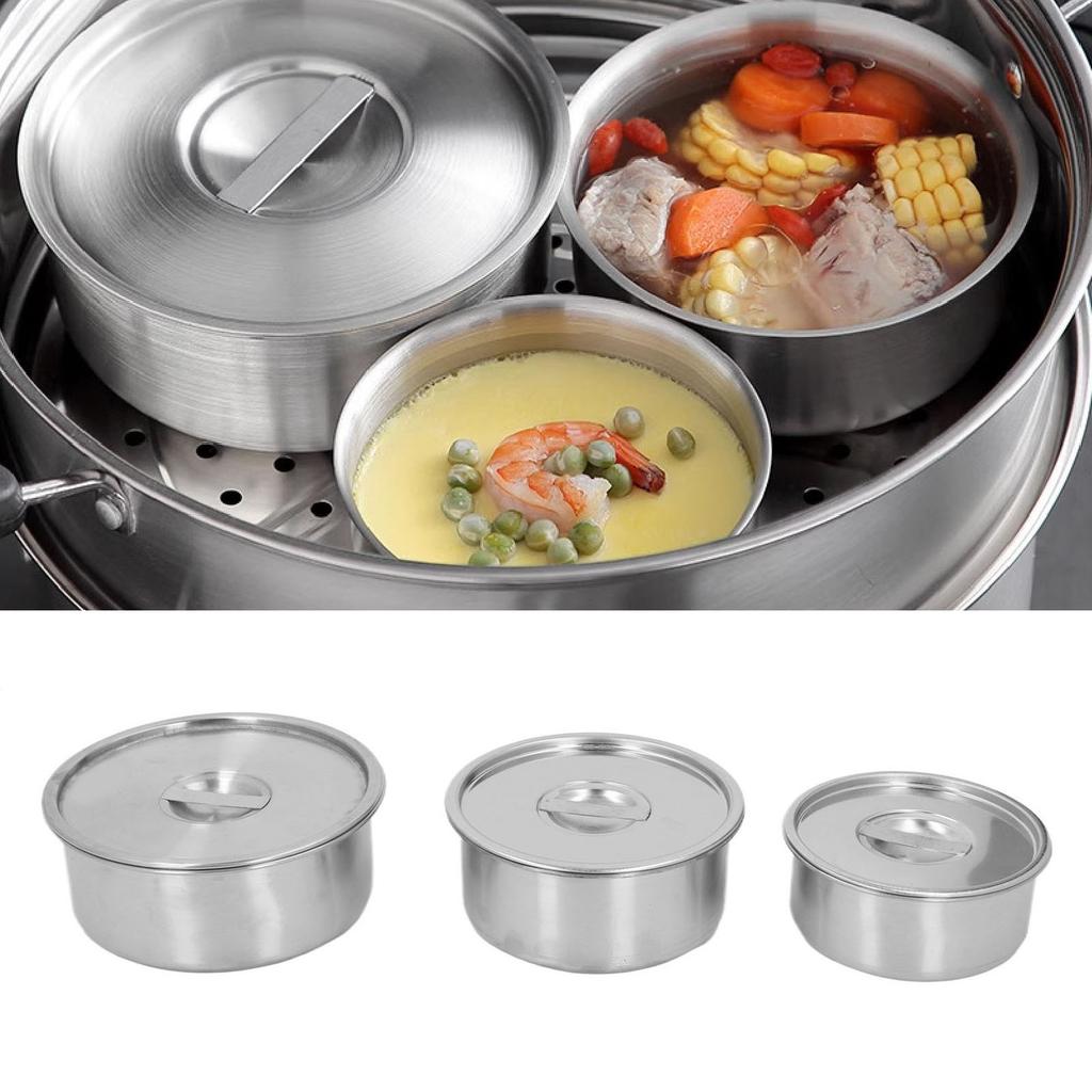3PCS 304 Stainless Steel Bowl Set Heat Proof Anti Fall Metal Mixing Bowl Steamed Egg Bowl with Lids for Household Food Prep and Storage