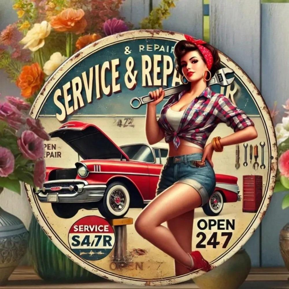 Retro Car Girl Metal Sign Art Waterproof Bar Cafe Home Wall Decor