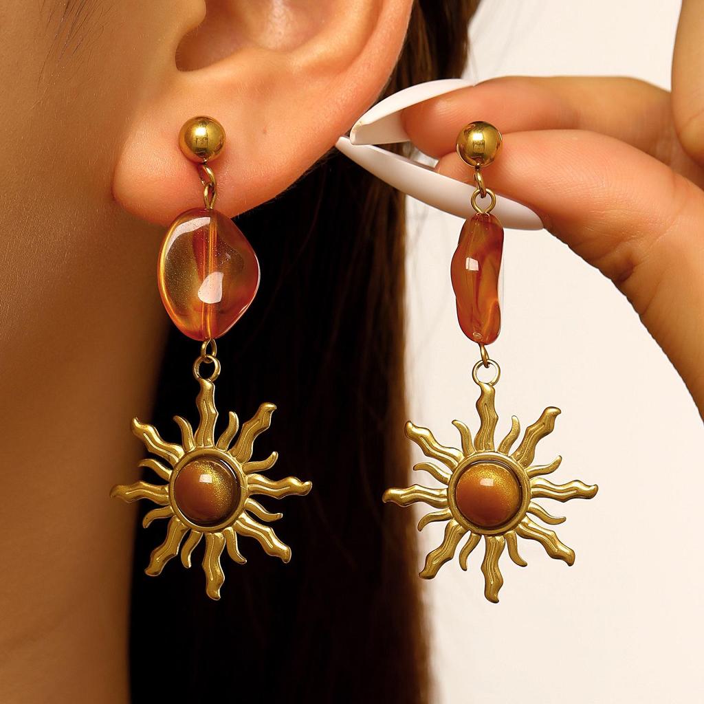 Vintage European Gold Sun Face Pendant Earrings with Amber Glass Tassel