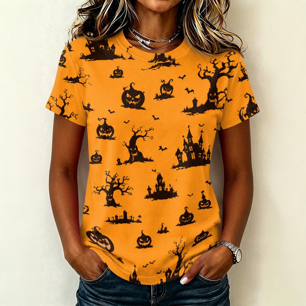 Ladies Casual Pullover Short Sleeve T Shirt Halloween Print Crew Neck Top Halloween Themed Graphic Tee for Women
