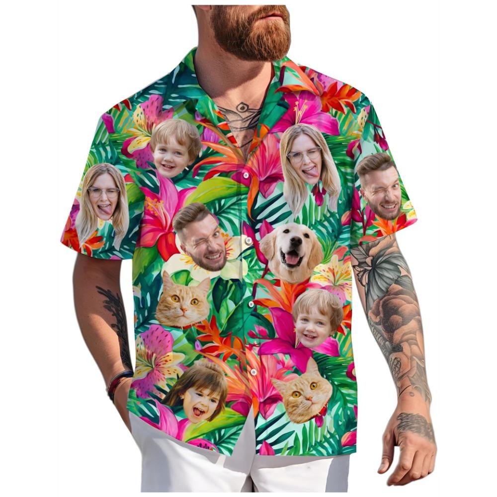 Maßgeschneiderte Hawaiianhemden für Erwachsene, Kinder, Haustiergesichter, Sommer Mode, Kurzarm, Personalisiert, 3D-Druck, Locker, Atmungsaktiv, DIY Blusen