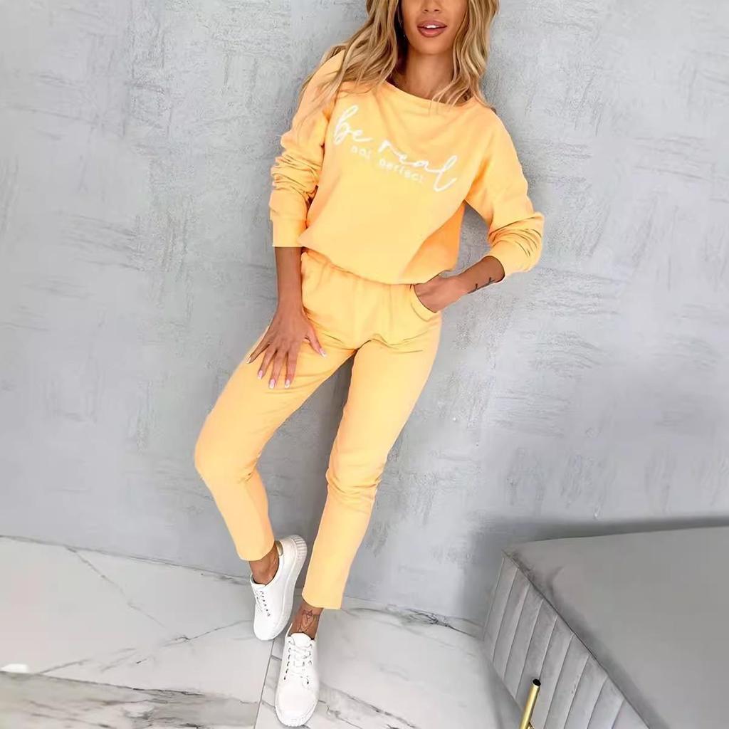 2024 Jesień Europejski i Amerykański Damski Nowy Zestaw Top z Długim Rękawem i Spodnie z Nadrukiem