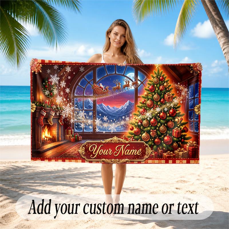 Christmas Theme Quick Dry Beach Towel Custom Name Text Print Large Sand Resistant Towel Beach Vacation