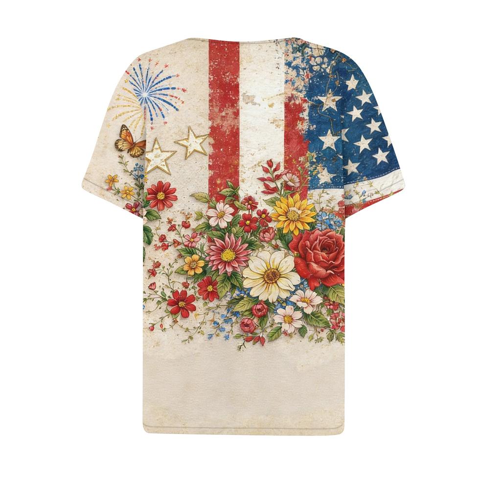 Women's fashionable casual short-sleeved Independence Day print V-neck top