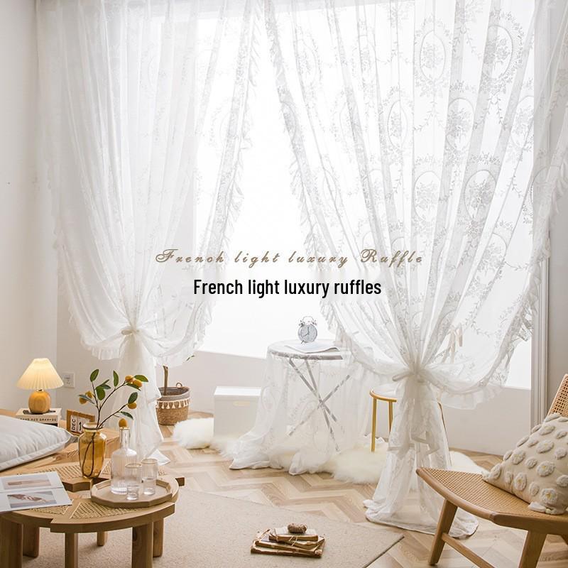

Французькі сільські мереживні прозорі штори з рюшевим ламбрекеном для вітальні, спальні, балкона або еркера 140 x 200 cm