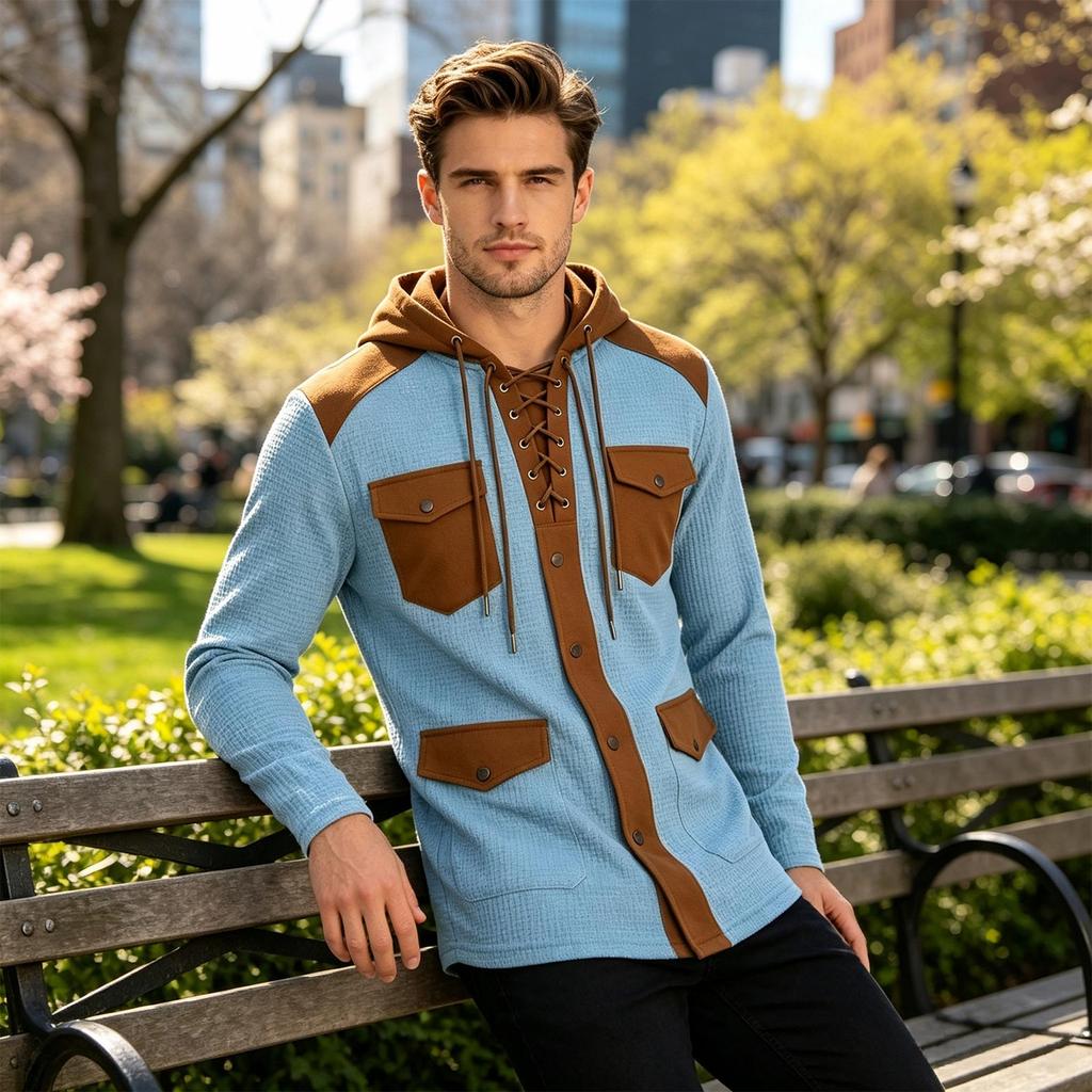 Men's Color Block Hoodie With, Long Sleeve Loose Fit Casual Sweatshirt for Spring and Fall