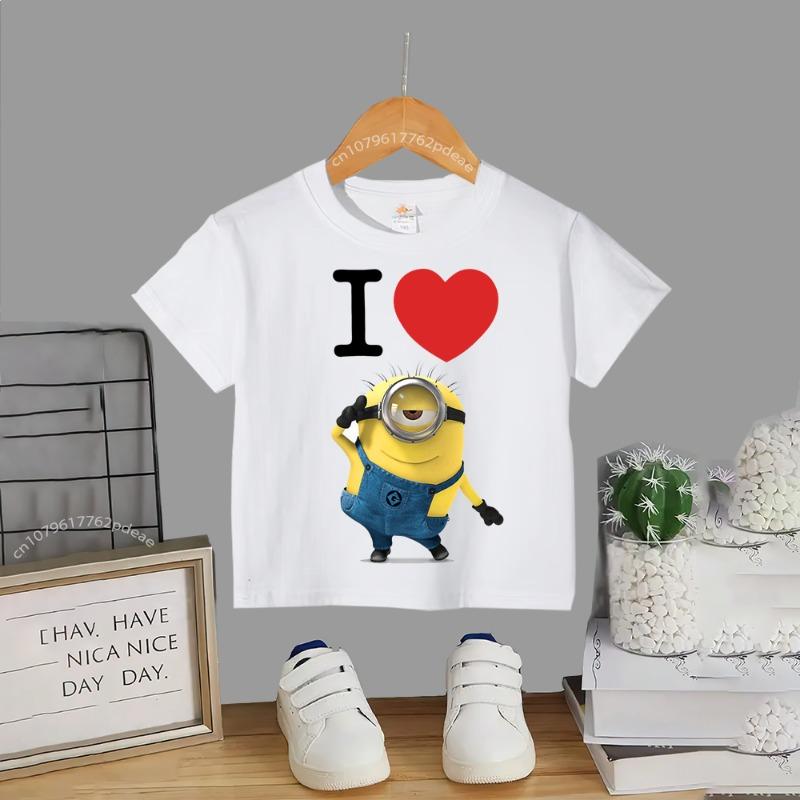 Teen Street Style 100% Cotton T-shirt Minion Print Boys Girls Casual Top Cotton T-shirt Kids Comfortable crewneck T-shirt