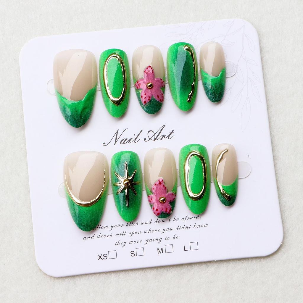 3D Almond-Shaped Wearable Nails: High-End Embossed Neon Green Nail Tips