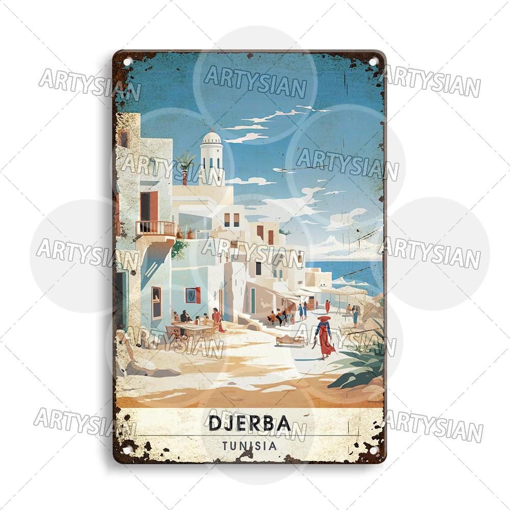 Maghreb Travel Cityscape Metal Sign Alger Algeria Djerba Tunisia Chefchaouen Morocco Marrakesh Zarzis Oran Tiaret Kabylie