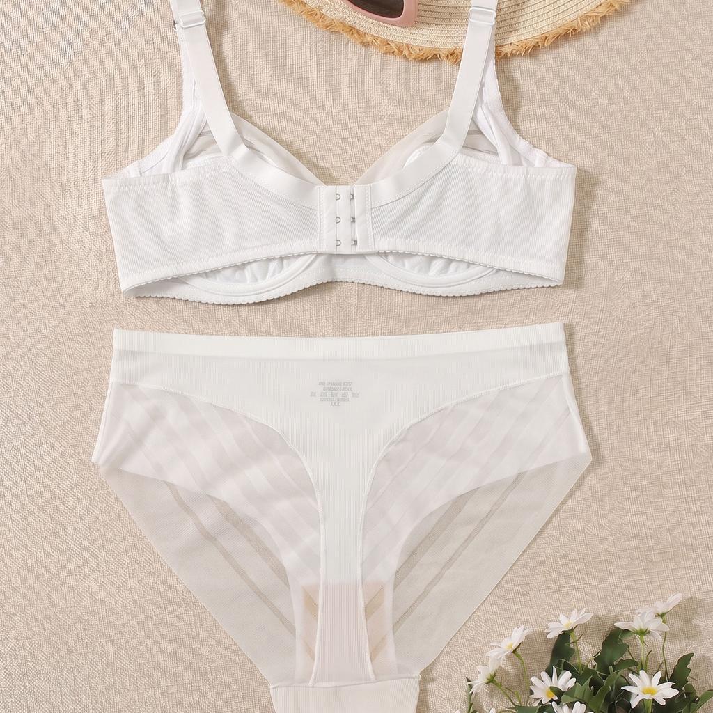 Plus Size Women Bra Set Underwire Thin Cup Mesh Sheer Lingerie Set Breathable Push Up Brassiere Panty Set 85C-110C 85D-110D