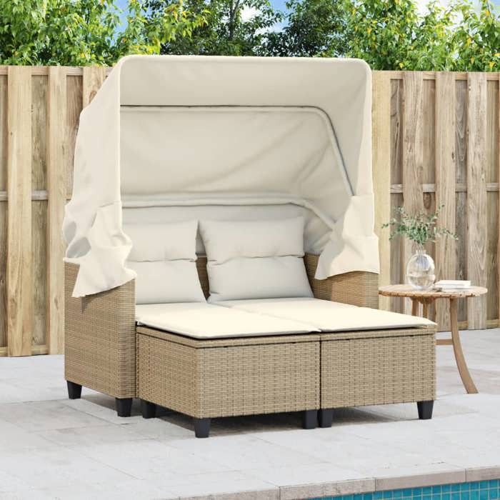 VidaXL Garden Sofa 2 Seater with Canopy and Stools, Patio Seat, Outdoor Balcony Terrace Furniture, Beige Resin 365784