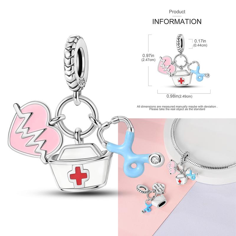 Medical Box Nurse Cap Heart Charms Tooth Stethoscope Beads Fit 3Mm Original Bracelet Women Copper Fine Charms Jewelry Gifts