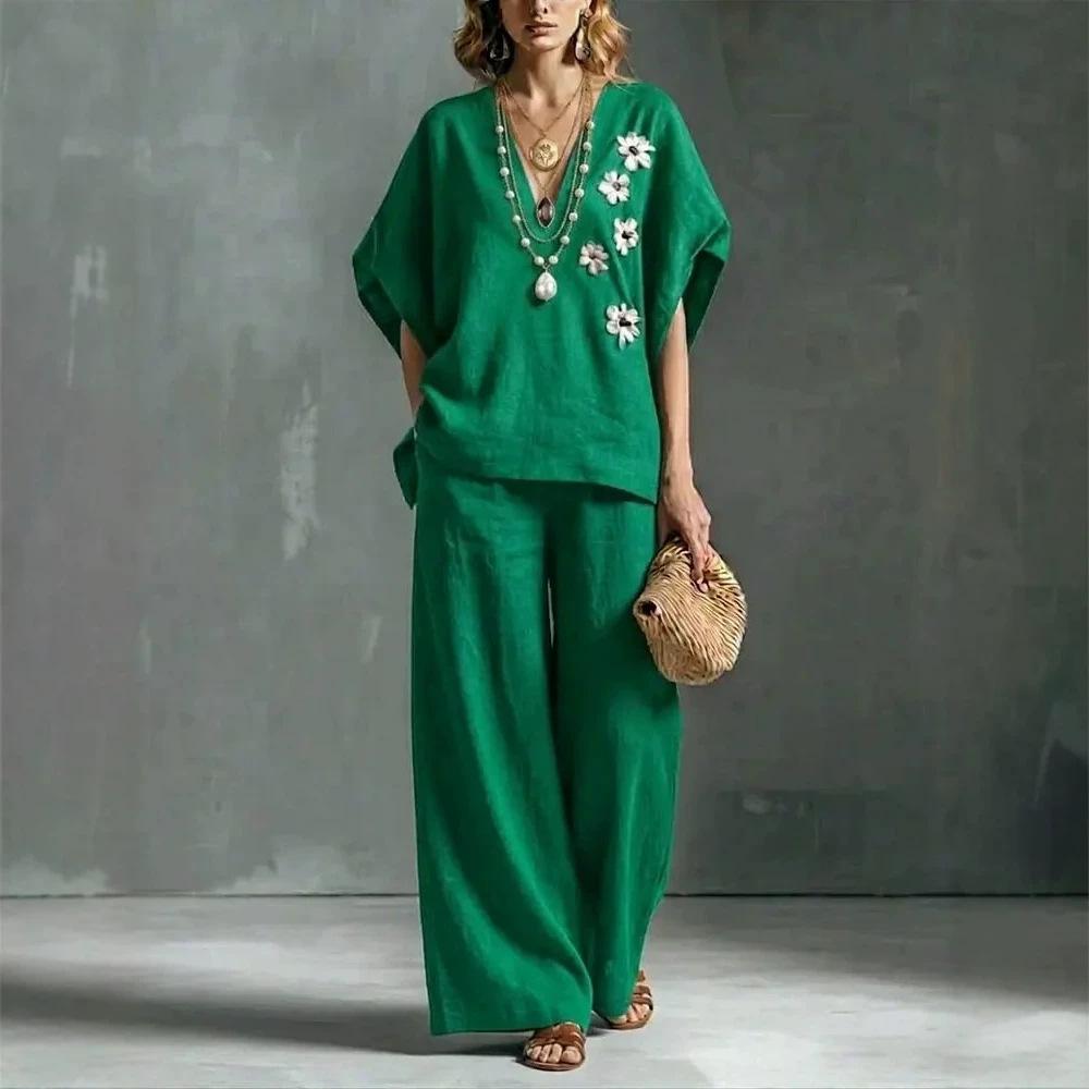 2026 new cross-border foreign trade ladies 2-piece set large size cotton and linen casual suit high waist loose trousers