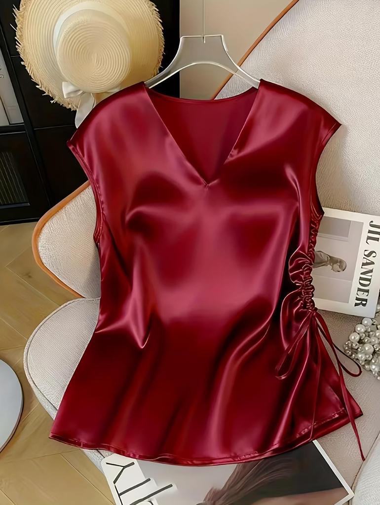 Women's V-Neck Satin T-Shirt - Summer 2026 Slim Fit, Plain Color, Short-Sleeved, Stylish Top