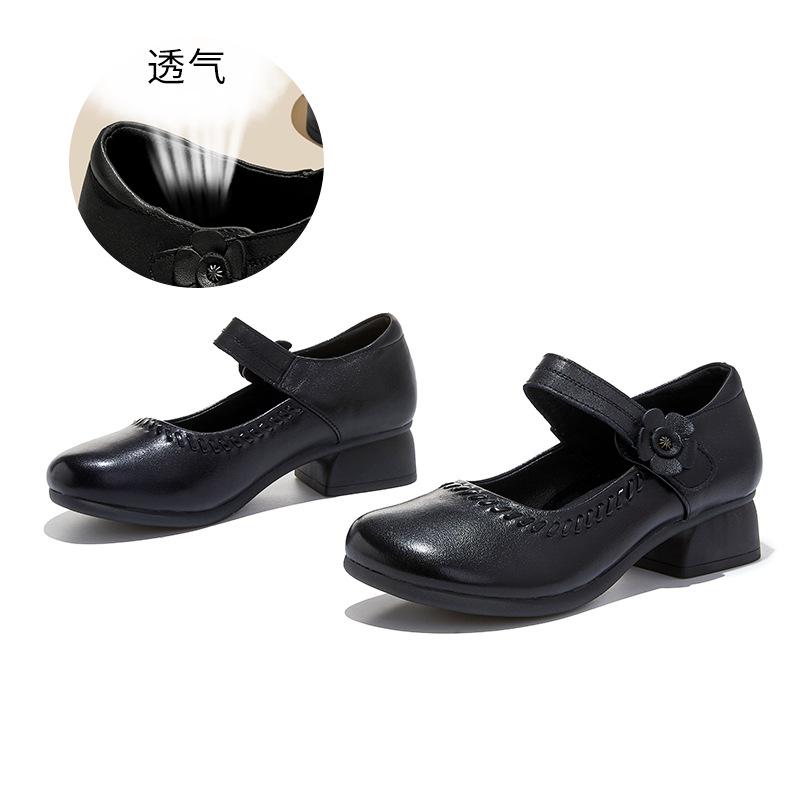 

First layer cowhide Mary Jane shoes women s spring and summer new retro shallow mouth Velcro single shoes versatile fashion women s shoes 35 чёрный