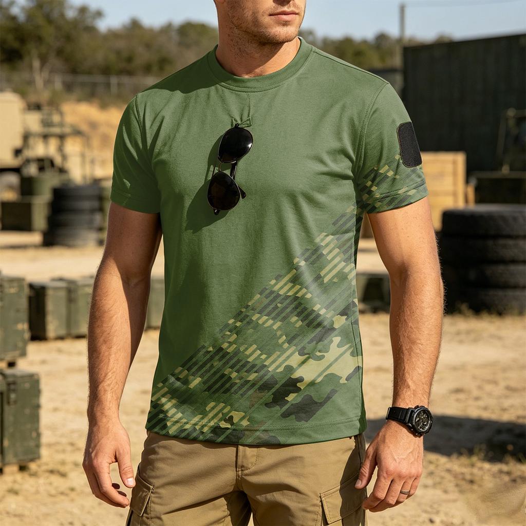Men's Tactical Outdoor Quick Dry T Shirt Loose Fit Round Neck Breathable Short Sleeve Camouflage Print with Hook and Loop Patch Area